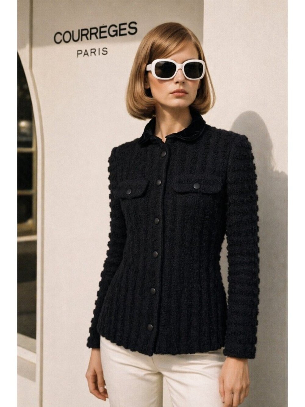 Vintage 1970s Courreges Paris Jacket Size C US Medium Large Black Boucle Wool